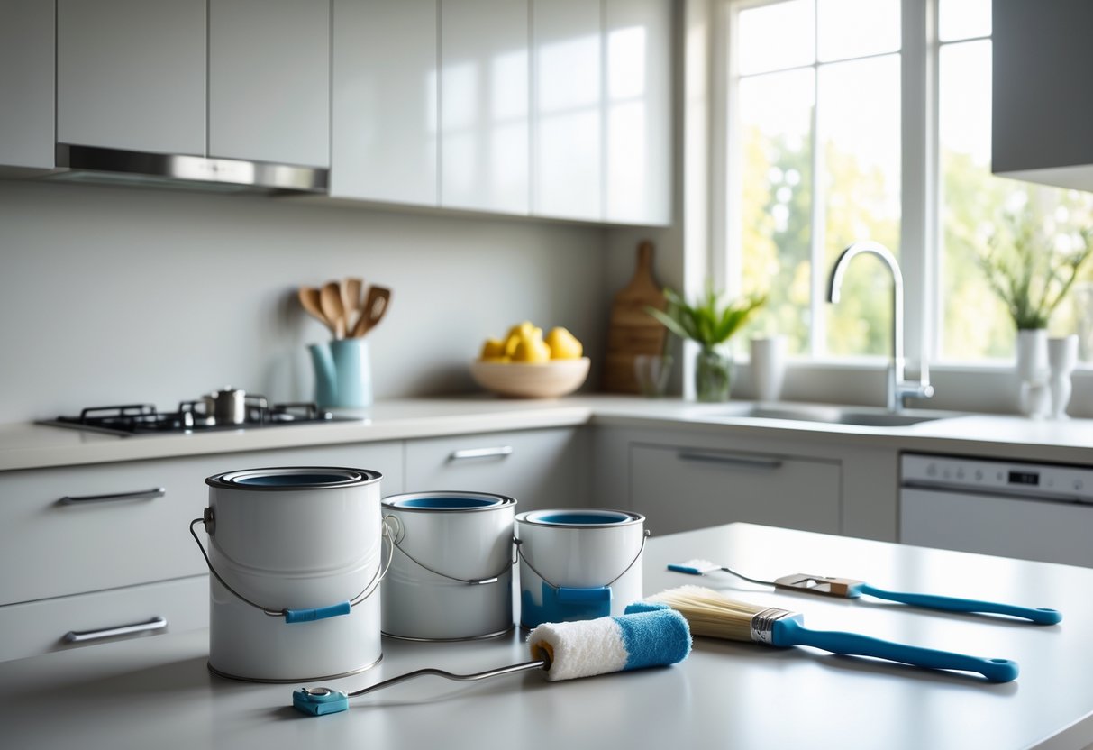 A modern kitchen with freshly painted cabinets, paint cans, brushes, and painting tools arranged on the countertop.