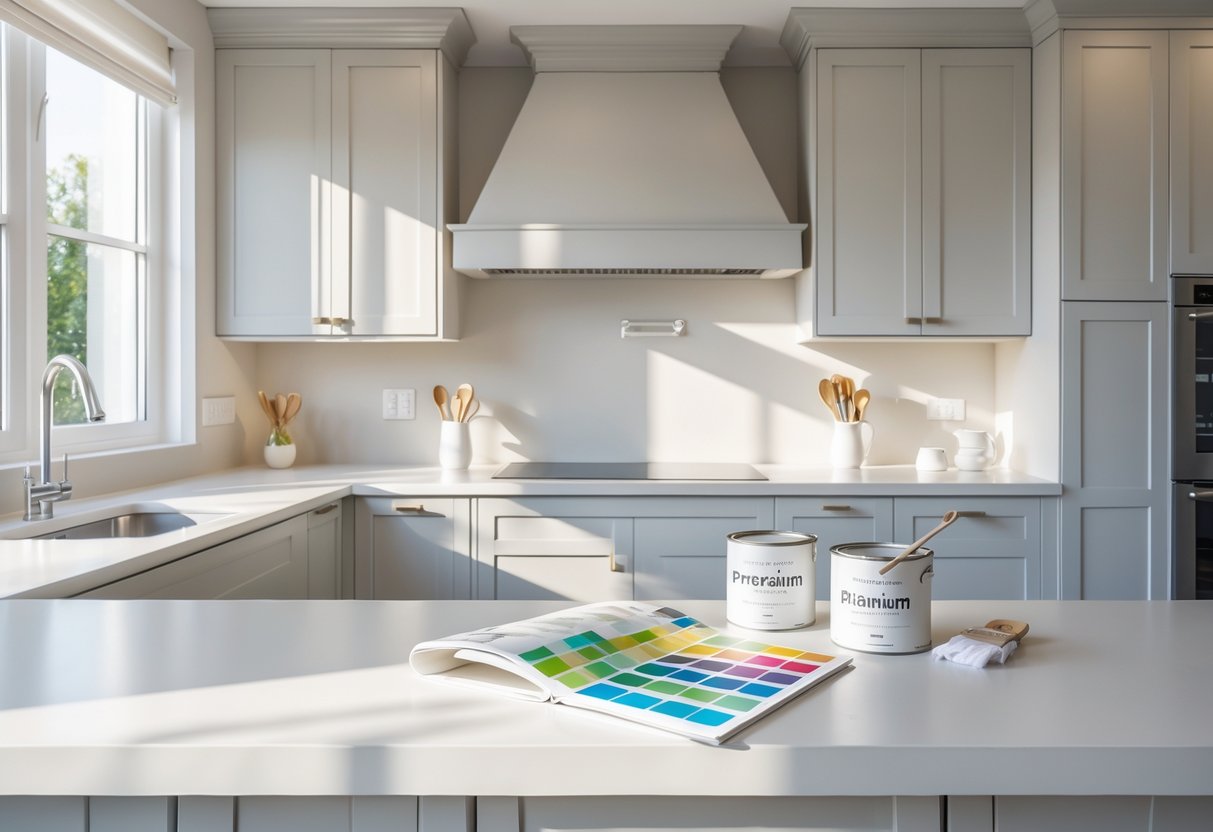 A modern kitchen with freshly painted light gray cabinets, paint cans, and brushes on the island under natural sunlight.