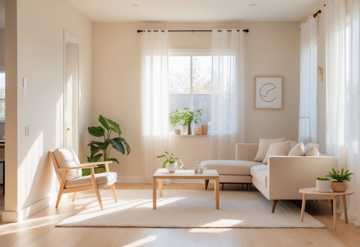 A bright living room with soft off-white walls, natural light, beige sofa, light wood furniture, and green plants.