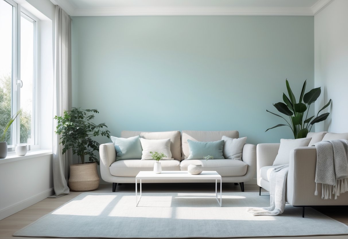 A bright living room with walls painted in a soft sea salt color, featuring modern furniture and natural light coming through large windows.