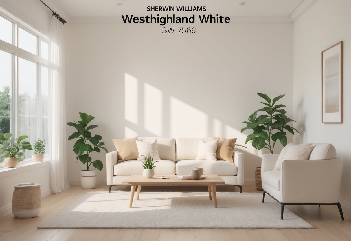 A bright living room with off-white walls, natural light, neutral furniture, and green plants.
