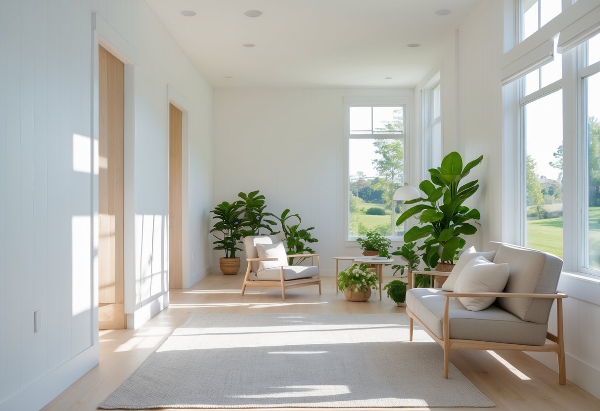 A bright, modern living room with white walls, natural light, minimalist furniture, and green plants.