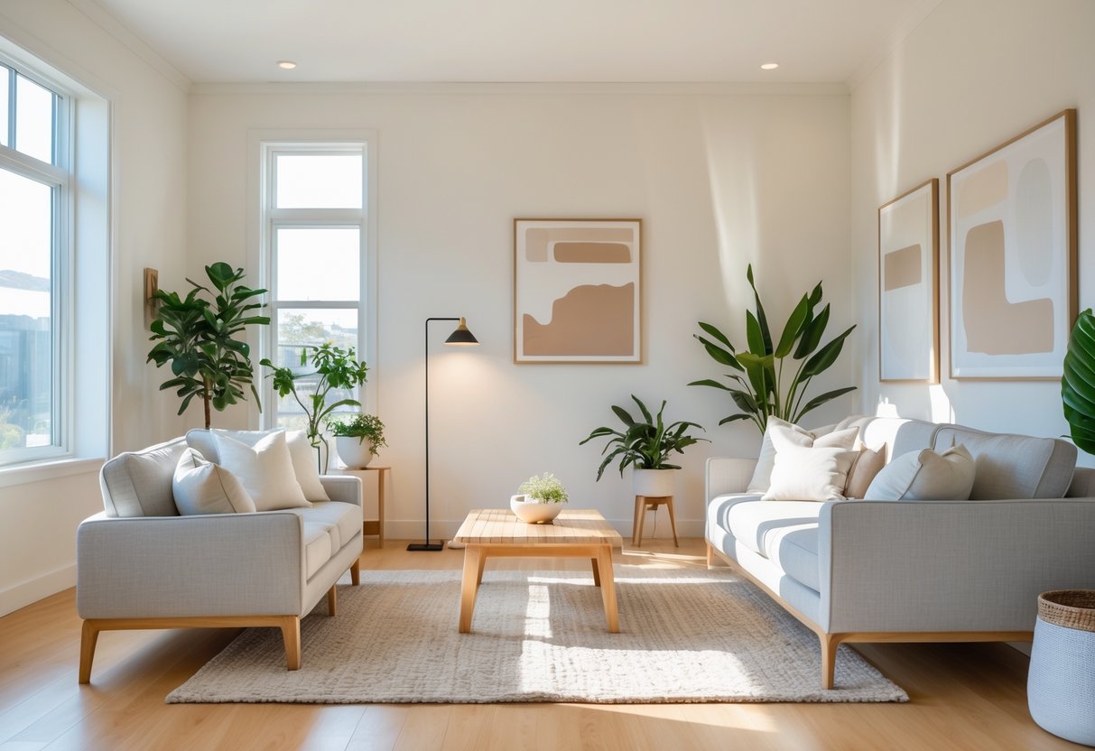 A bright living room with white walls, a gray sofa, wooden coffee table, plants, and natural sunlight coming through large windows.