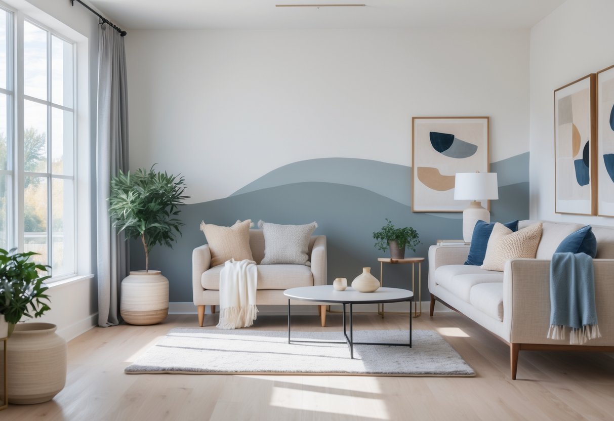 A bright living room with light walls, a sofa, coffee table, indoor plants, and natural light coming through large windows.